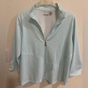 Zenergy by Chico's Aqua,White Striped performance quarter zip long sleeve top